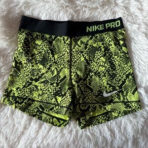 Nike Pro Women's Neon Yellow and Black Snake-Print Athletic Shorts